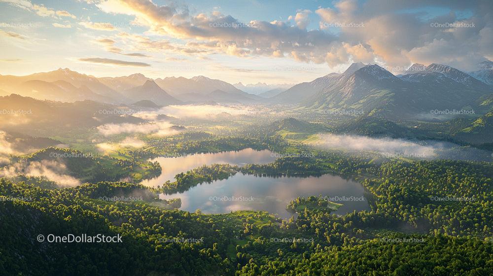 Aerial View of Misty Mountain Landscape at Sunrise