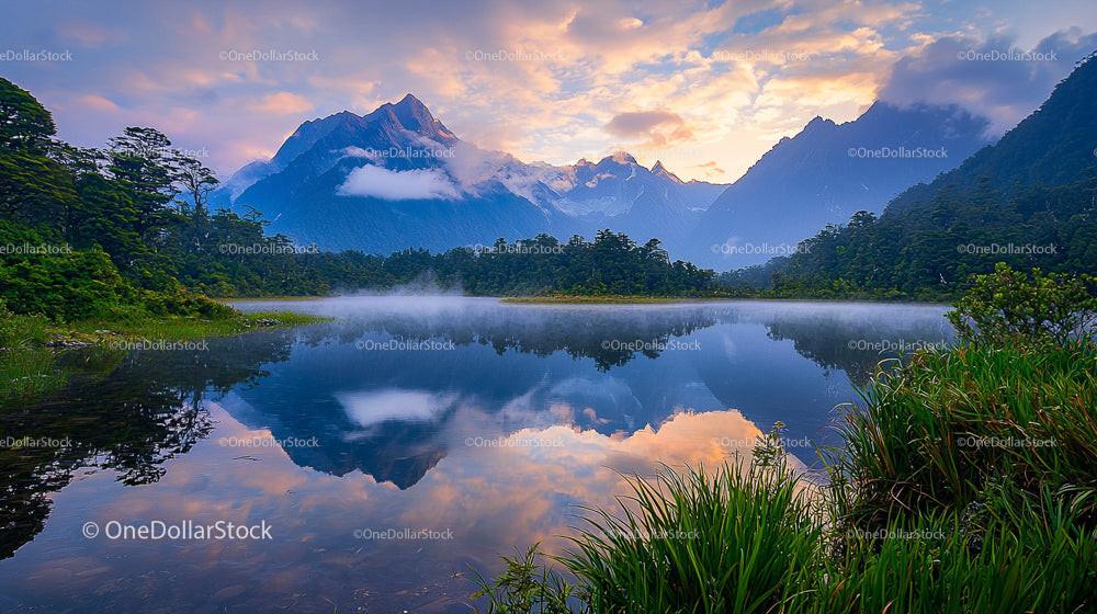 Serene Mountain Reflection in Tranquil Lake at Sunrise