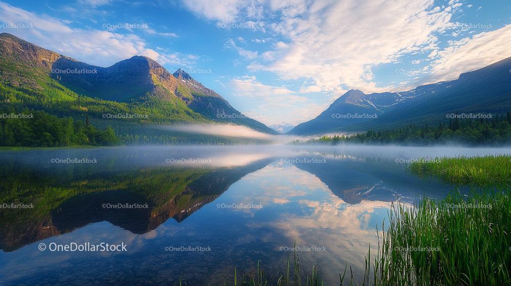 Serene Mountain Lake with Misty Morning Reflections