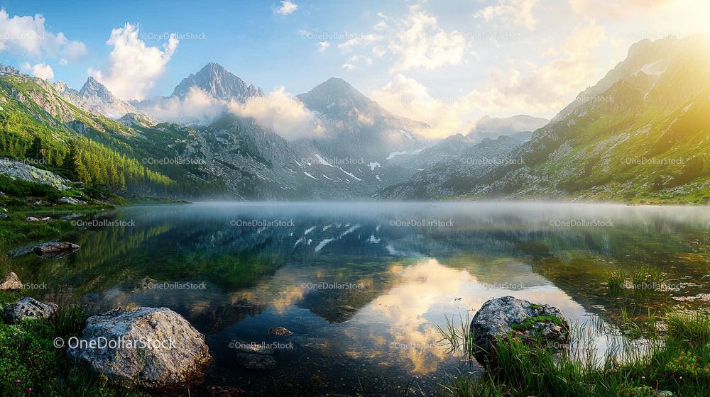 Idyllic Mountain Lake at Sunrise with Mist and Reflections