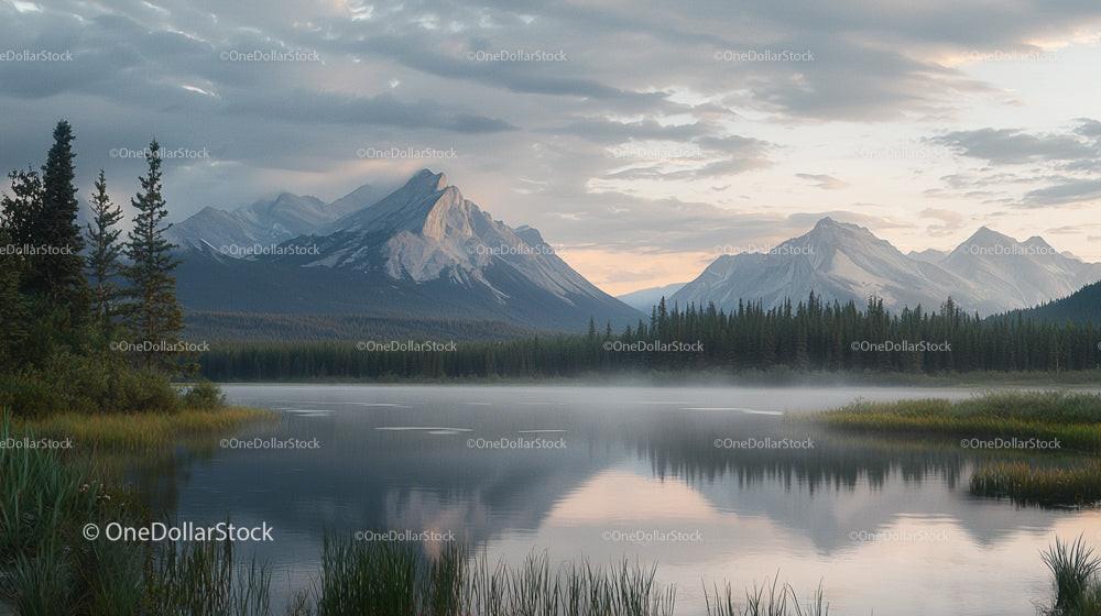Tranquil Misty Morning Over Mountainous Lake Landscape