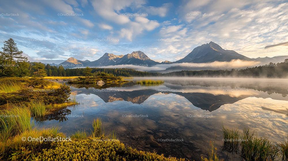 Misty Mountain Reflections at Sunrise Over a Serene Lake