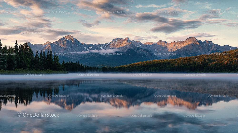 Majestic Mountain Range Reflected in Calm Lake at Sunrise