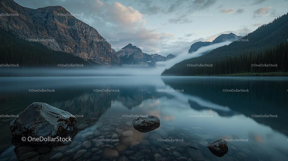Scenic Mountain Lake with Misty Morning Reflection