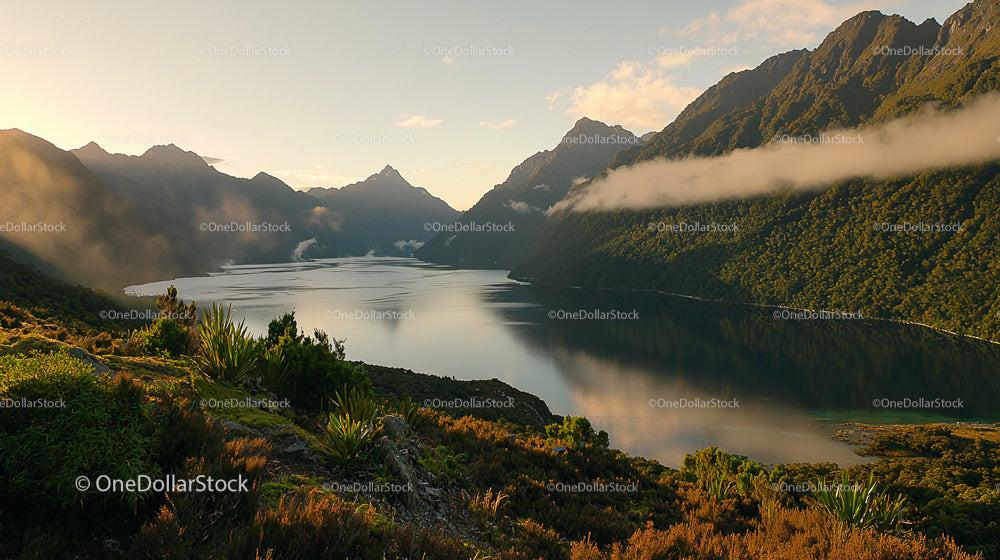 Tranquil Lake and Majestic Mountains at Sunset