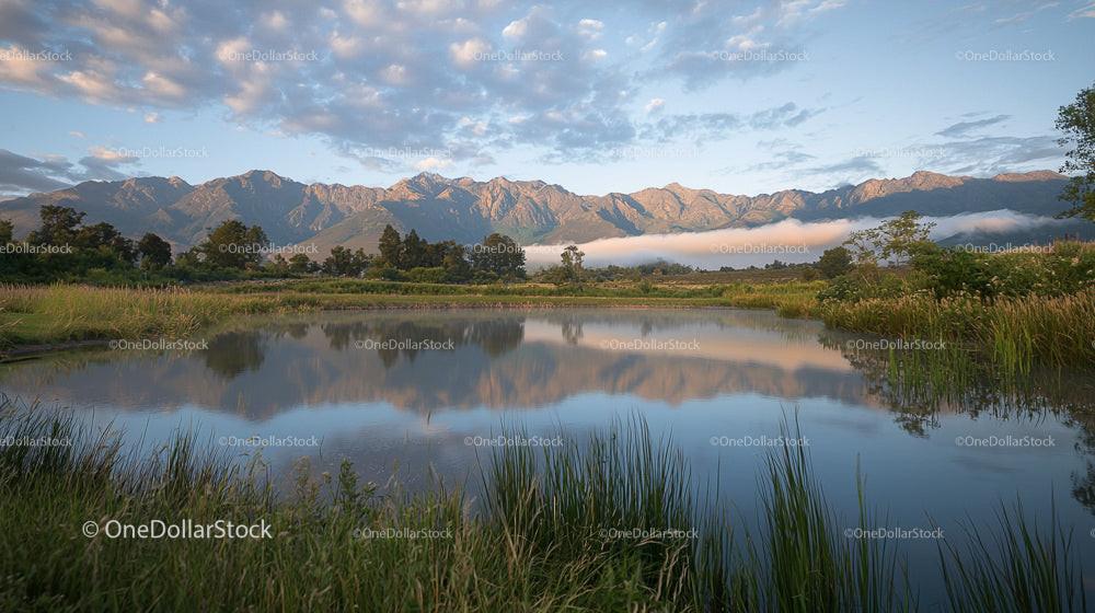Serene Lake Reflecting Majestic Mountain Range at Dawn
