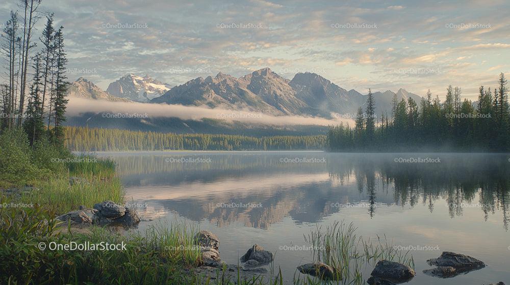 Tranquil Lake with Mountain Reflections at Misty Dawn