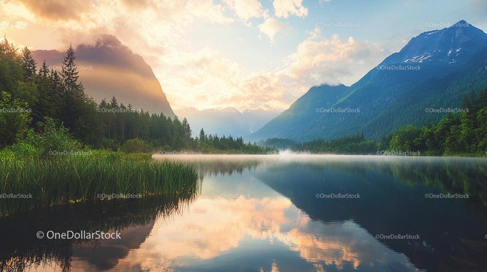 Tranquil Mountain Lake at Sunset with Misty Reflections