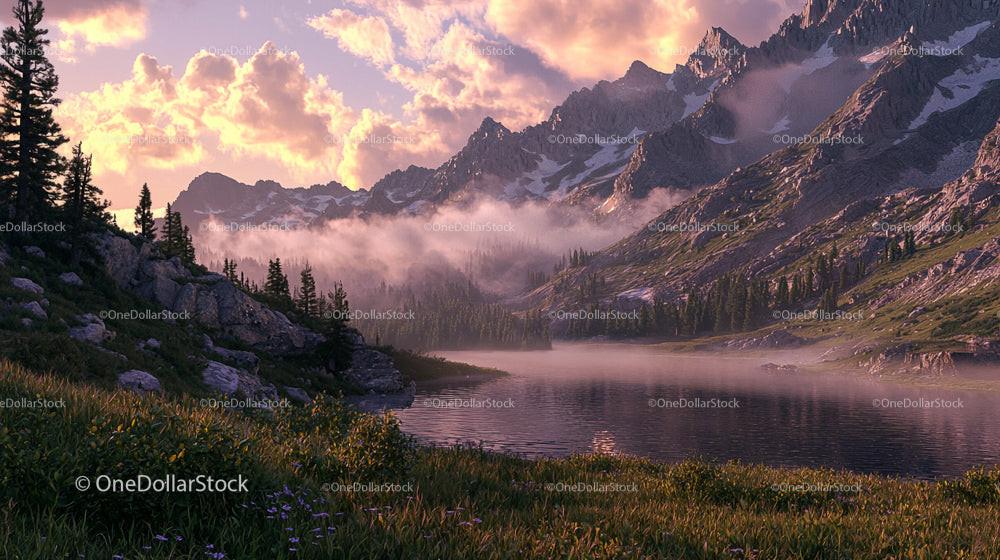 Misty Mountains and Serene Lake at Sunset