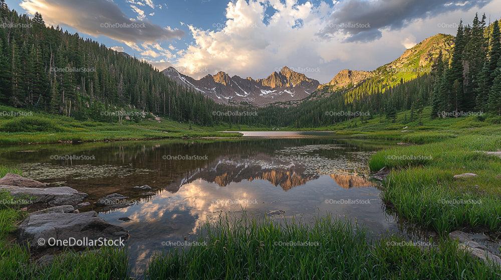 Tranquil Mountain Lake with Lush Greenery and Majestic Peaks
