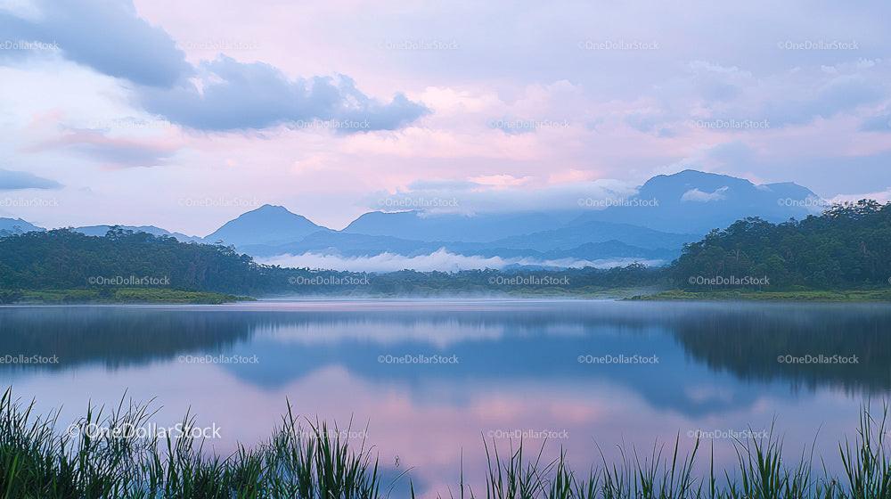 Tranquil Mountain Lake with Misty Morning Reflections