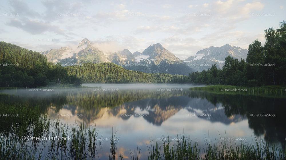 Tranquil Mountain Lake with Snow-Capped Peaks and Reflections