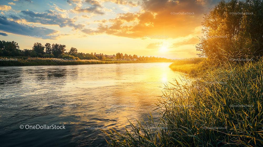 Golden Sunset over a Tranquil River Landscape