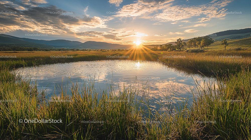 Idyllic Sunset Over Tranquil Grassland Pond