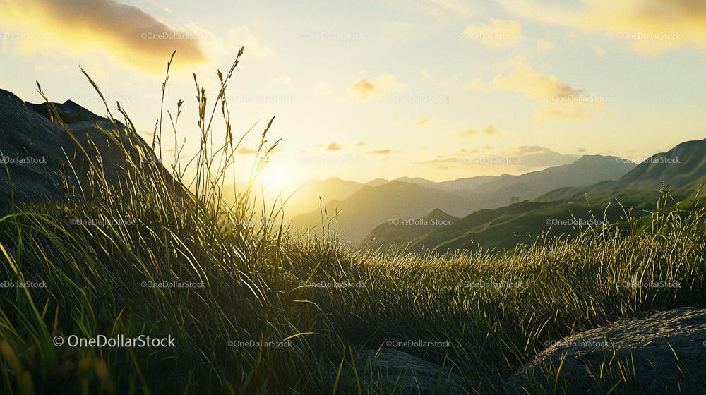 Sunset Over Serene Grassy Meadow and Rolling Hills