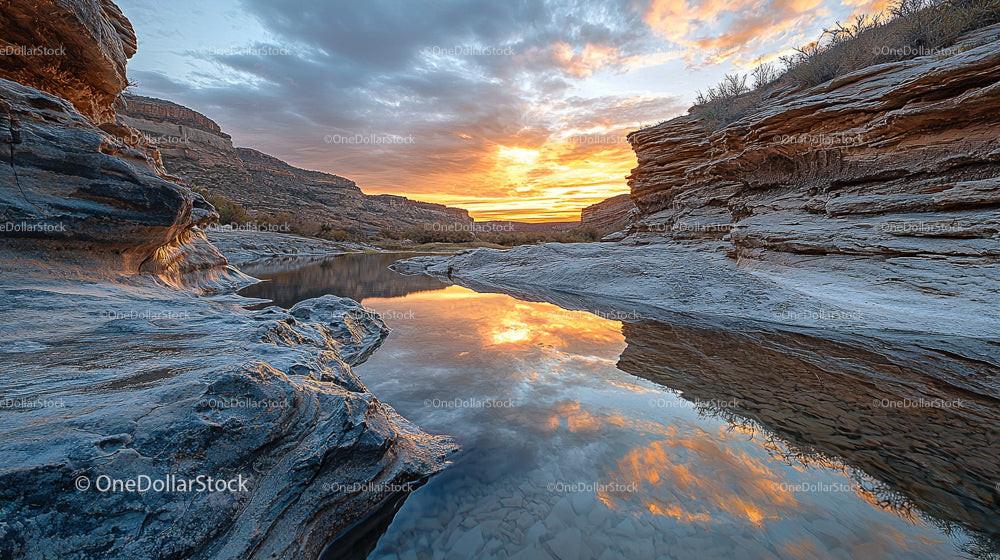 Sunset Reflecting Over a Tranquil River in a Desert Canyon