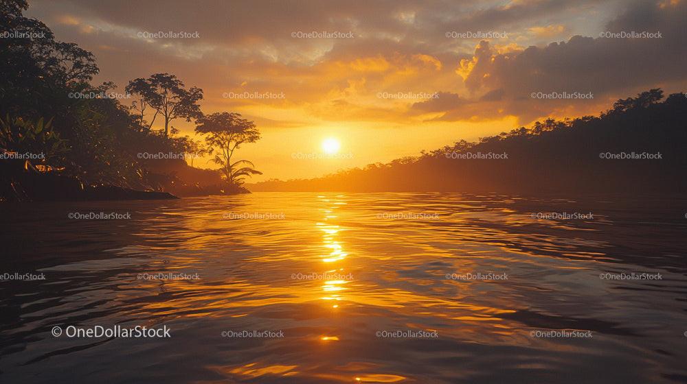 Golden Sunset Over Tranquil River with Silhouette Trees