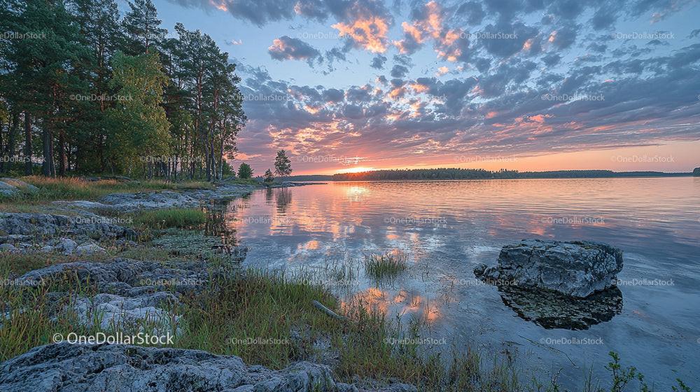 Dramatic Sunset Over a Tranquil Lake with Pine Trees