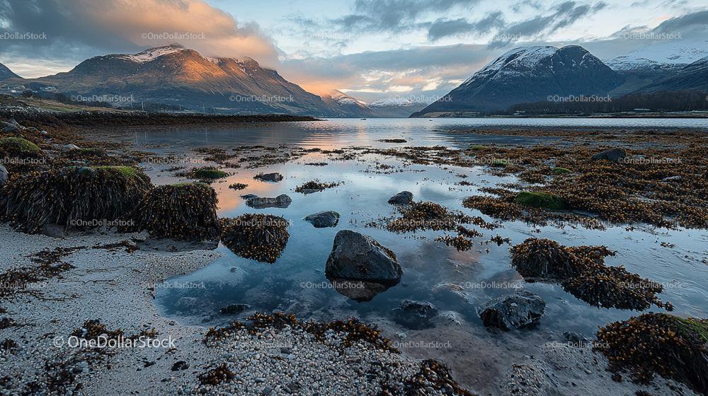 Serene Mountain Landscape with Snow-Capped Peaks and Reflections