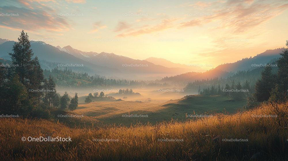 Misty Sunrise Over Serene Mountain Landscape at Golden Hour