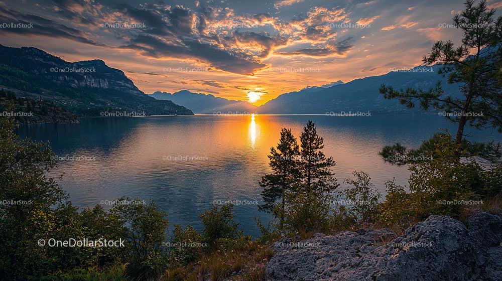 Serene Sunset Over Mountain Lake with Dramatic Sky