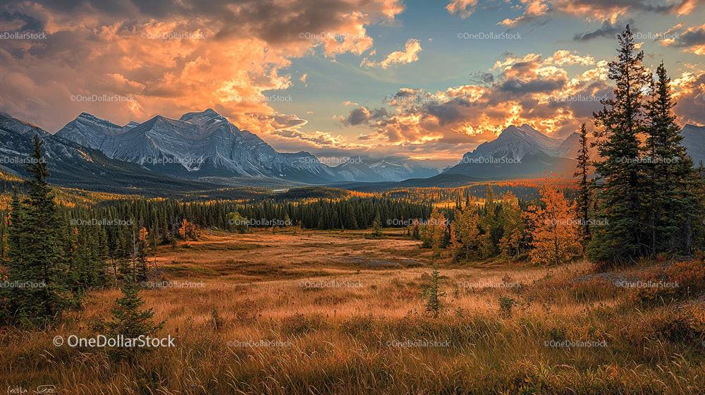 Scenic Mountain Landscape with Dramatic Sunset and Autumn Foliage