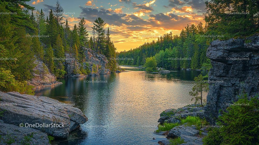 Tranquil River Flowing Through Rocky Landscape at Sunset