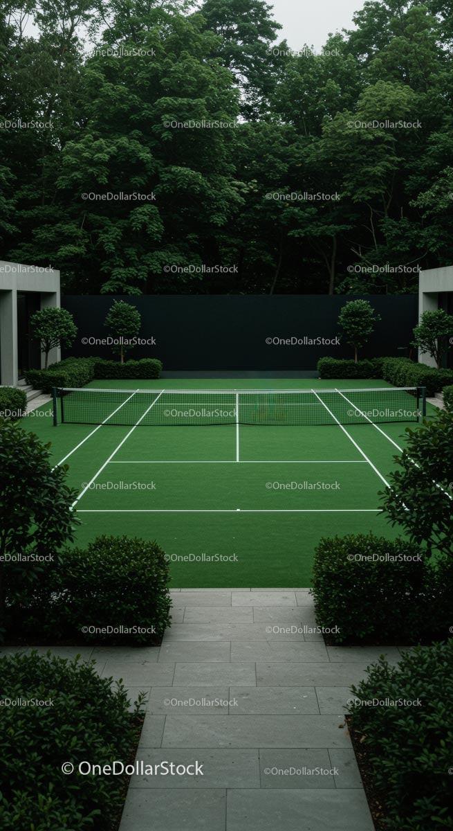 Modern Tennis Court Surrounded by Lush Greenery