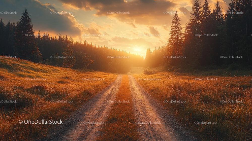 Golden Sunset Over Serene Forest Path