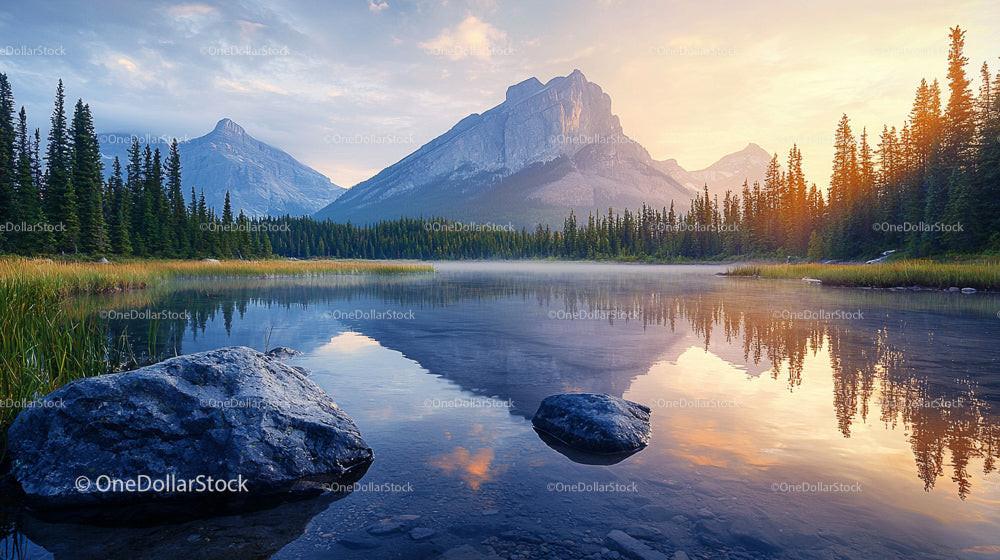 Serene Mountain Lake at Sunrise with Pine Forest Reflections