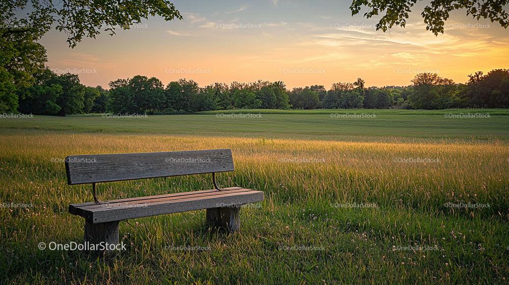 Rustic Wooden Bench in Peaceful Sunset Meadow