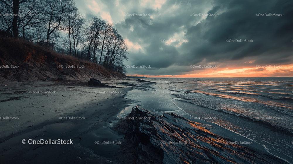 Dramatic Sunset Over a Tranquil Coastal Beach