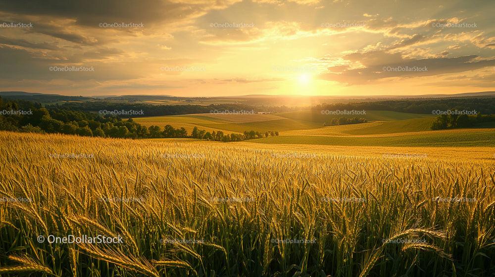Golden Wheat Field and Sunset Over Rolling Hills