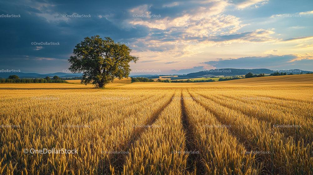 Golden Wheat Field with Lonely Tree at Sunset