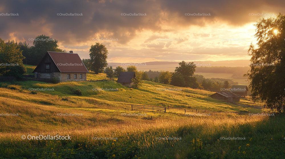 Charming Countryside Landscape with Cottage at Sunset