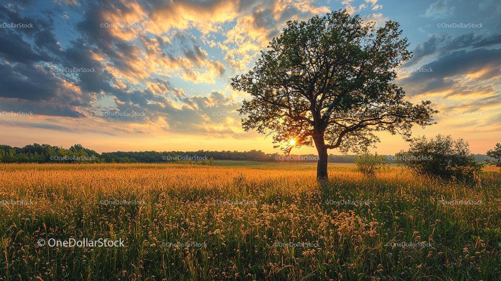 Golden Sunset Behind Lone Tree in a Tranquil Field