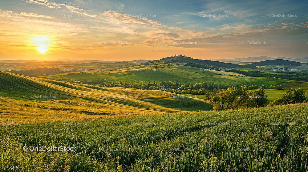 Sunset Over Rolling Green Hills and Fields