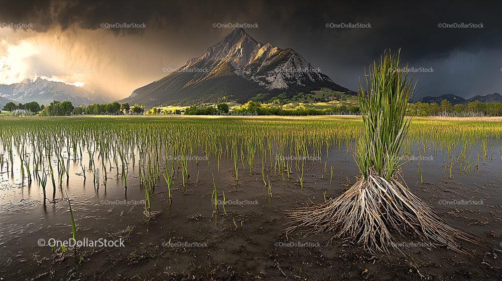 Dramatic Mountain View over Lush Rice Fields