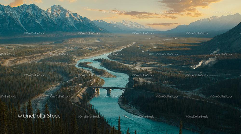 Majestic Mountain Range and Serene River at Sunset