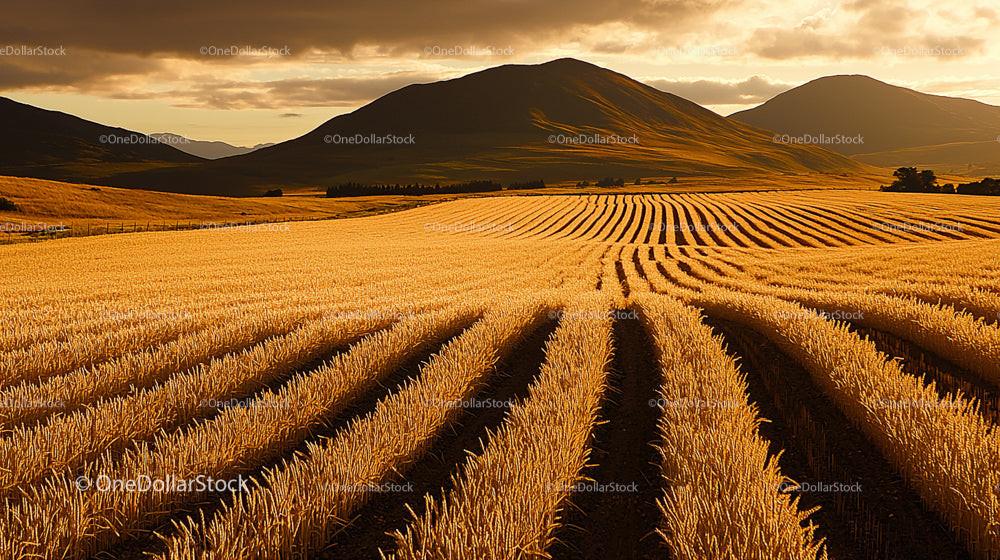 Golden Wheat Field at Sunset with Majestic Mountains