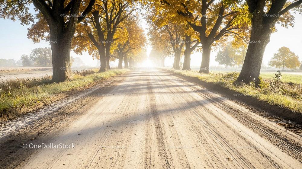 Sunlit Rural Road Lined with Autumn Trees in Morning Light