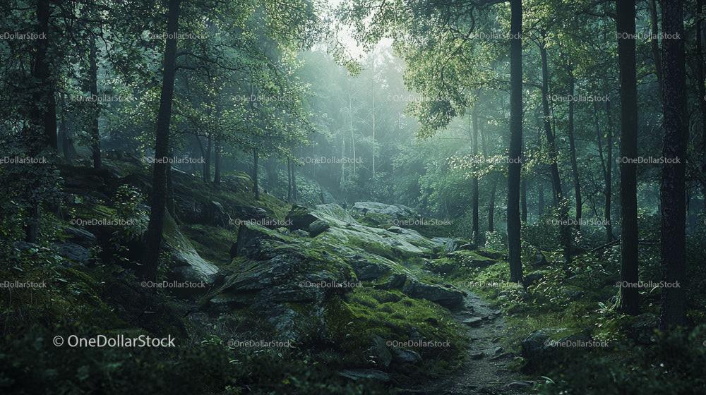 Enchanting Misty Forest Path with Lush Greenery