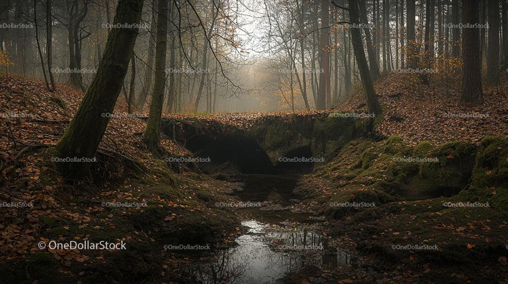 Misty Forest in Autumn with Stream and Fallen Leaves