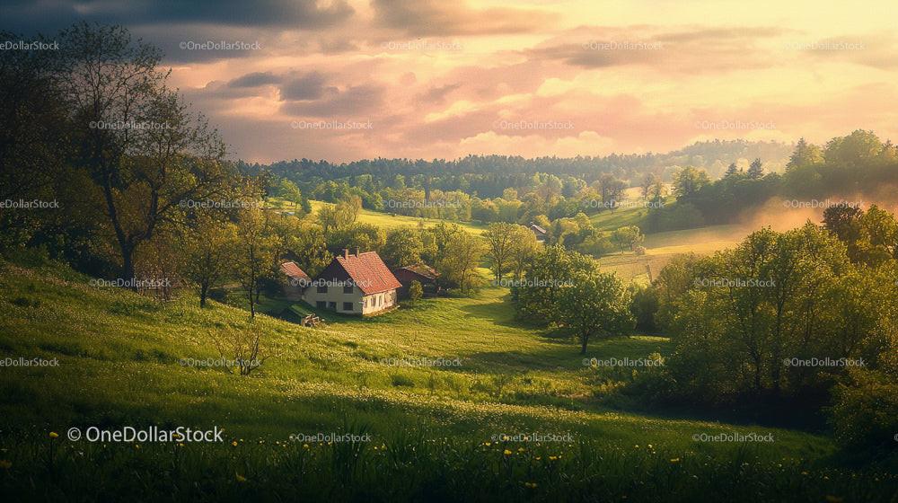 Tranquil Countryside at Dawn with Lush Green Fields