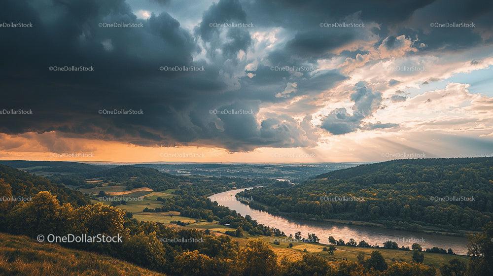 River Nestled Between Lush Green Hills Under Dramatic Sky