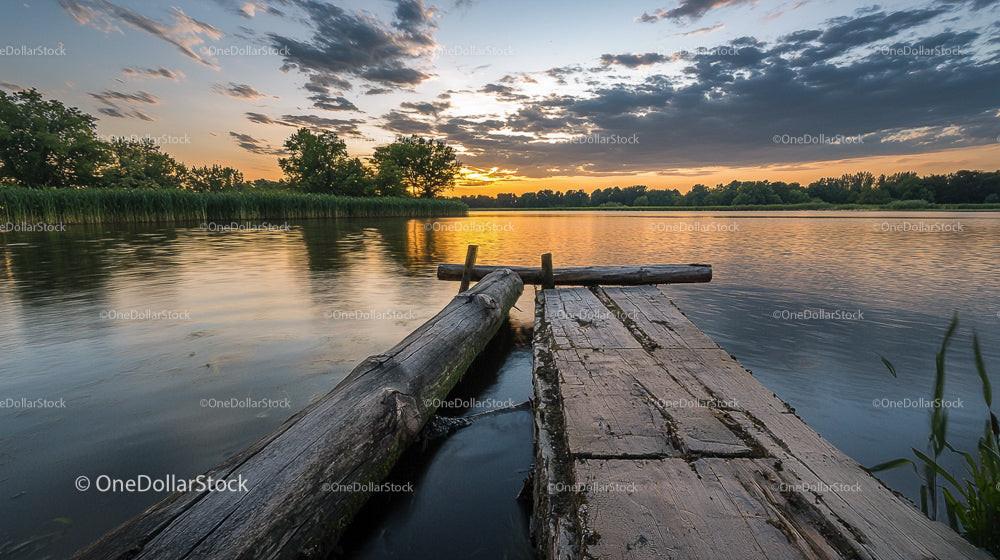 Tranquil Sunset Over a Serene Lakeside with Wooden Pier
