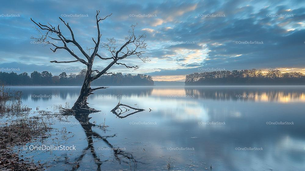 Tranquil Lake with Reflective Bare Tree at Sunrise