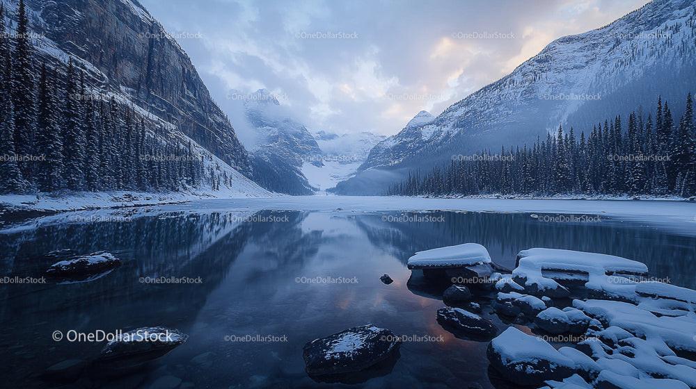 Snow-Covered Mountains Reflecting in Tranquil Lake