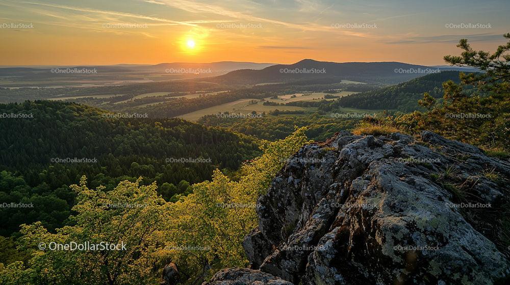 Sunset Over Scenic Mountain Landscape with Lush Greenery