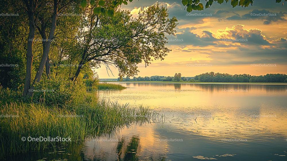 Tranquil Lake Scene with Golden Sunset and Lush Trees